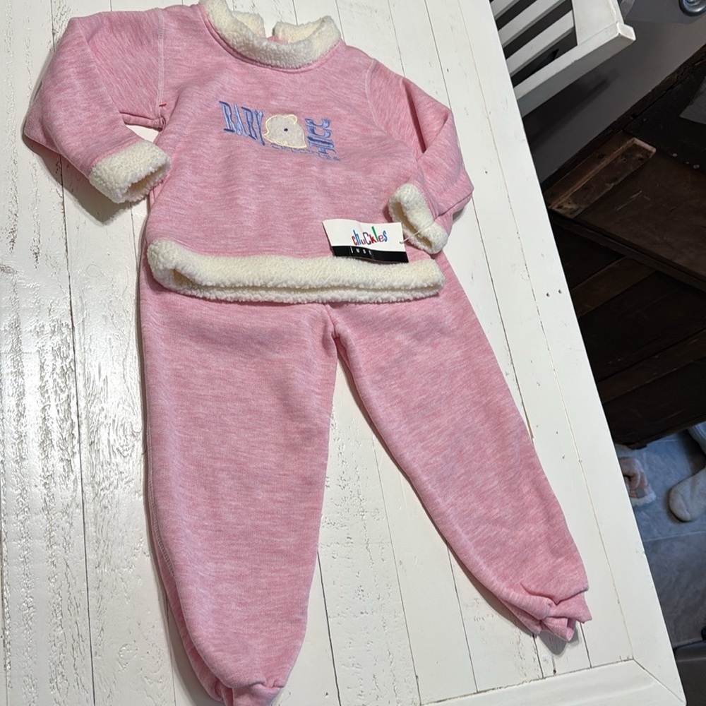 🍄3X girls Chuckles Vintage Pink Baby2 PcOutfit with Bear Design rayon blend NWT